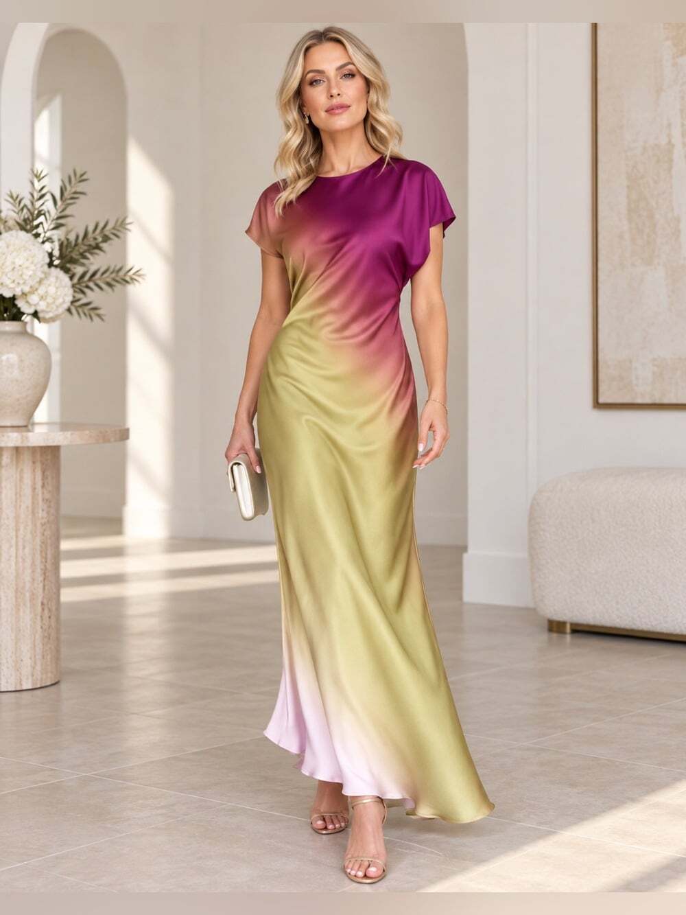 Viral Zara Satin Ombré Maxi Dress M Magenta Olive Made in Morocco Wedding Guest